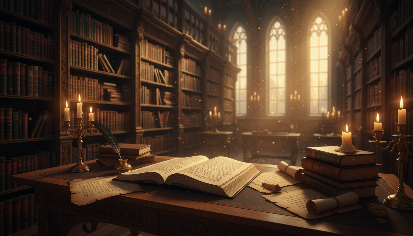 A mystical library archive with candlelit tomes, ancient scrolls, and an ornate desk with open ledgers